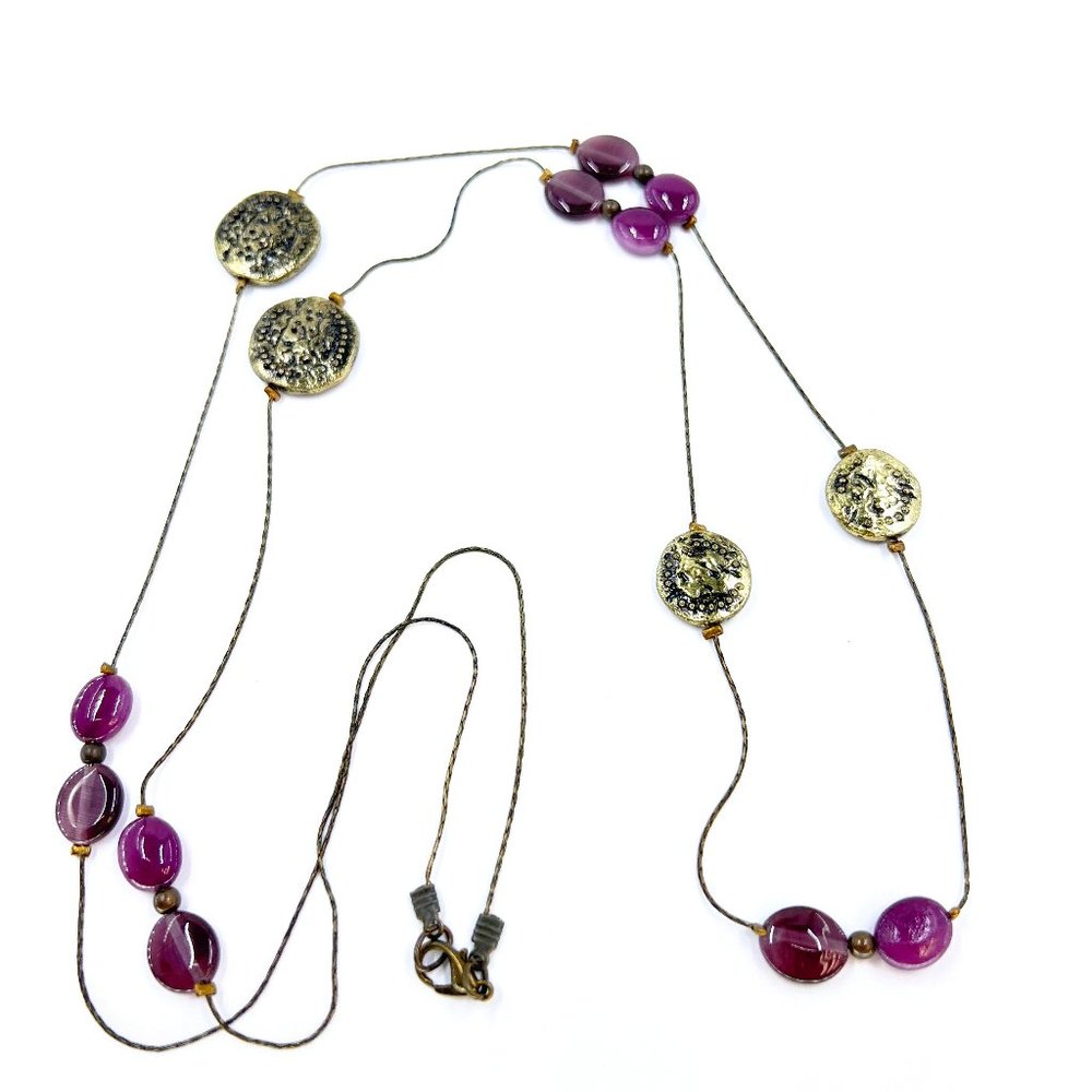 NWT - Christopher & Banks - Purple Beaded Textured Disk Brass Tone 38” Necklace